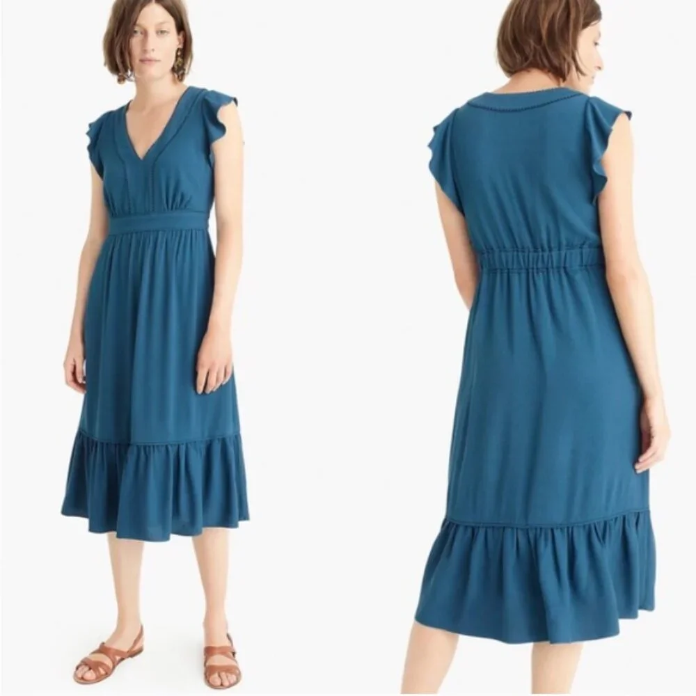 J. Crew Point Sur blush v-neck ruffle hem flutter‎ sleeve midi dress 10